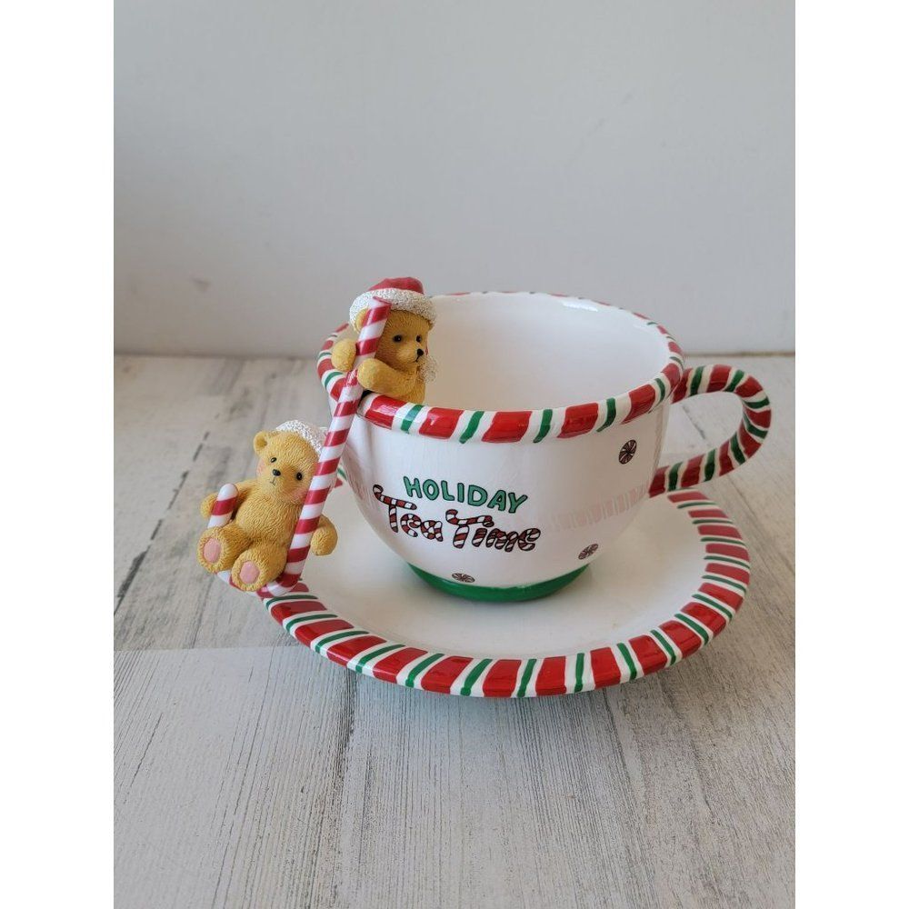 Mr‎ Christmas AS IS Tea cup Peppermint animated 1988 bear Xmas decor